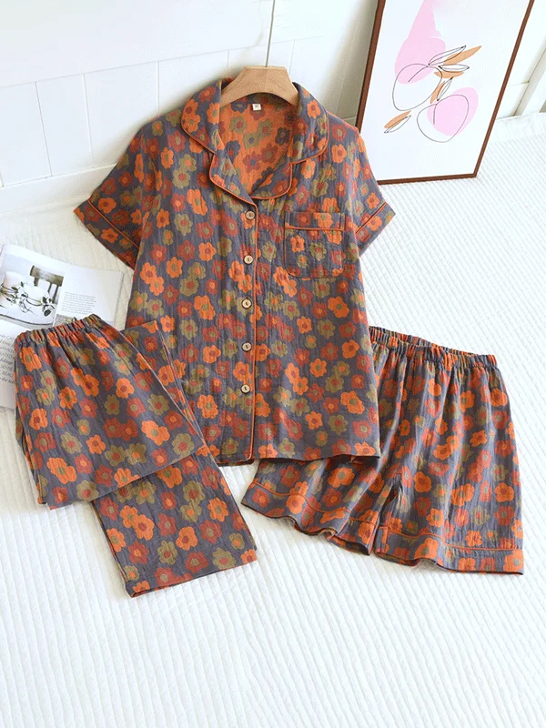 3Pcs Crepe Vintage Floral Pajamas Two-piece pajama sets