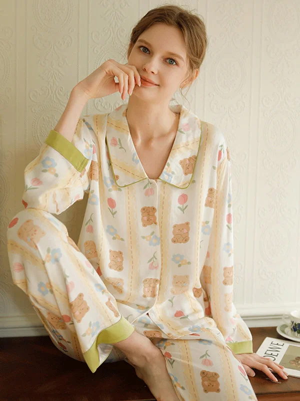 Bear and Floral Print Cotton Pajamas Best pajama sets for cold weather