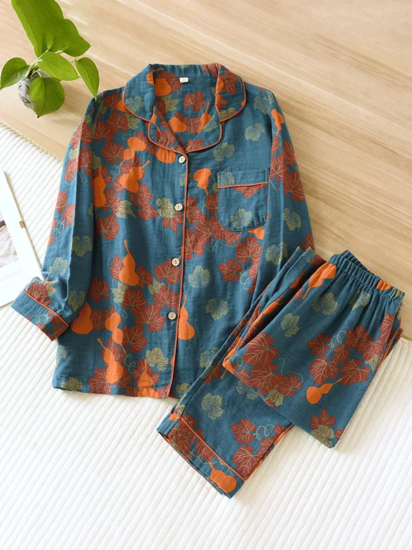 2Pcs Crepe Vintage Gourd Printed Pajamas Summer pajama sets