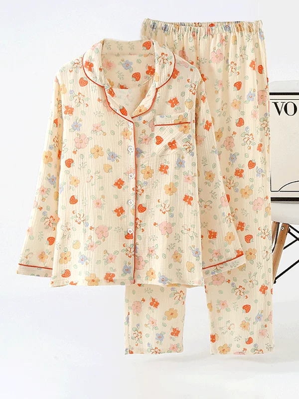 Floral Print Long Sleeve Cotton Pajama Set Fall pajama sets