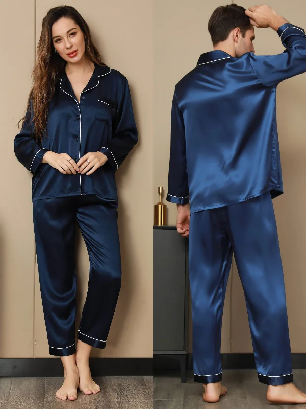 Couple Pure Silk Long Pajama Sets Total 4Pcs Fleece pajama sets