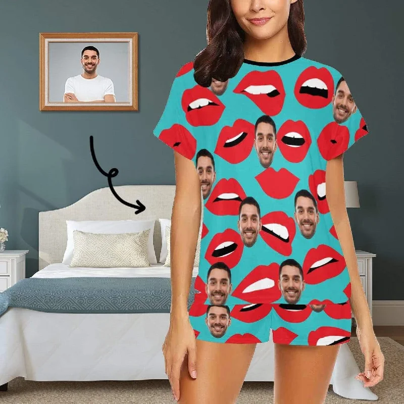 Custom Face Pajamas Green Background Sleepwear Personalized Lips Women's Short Pajama Set Best-value pajama sets