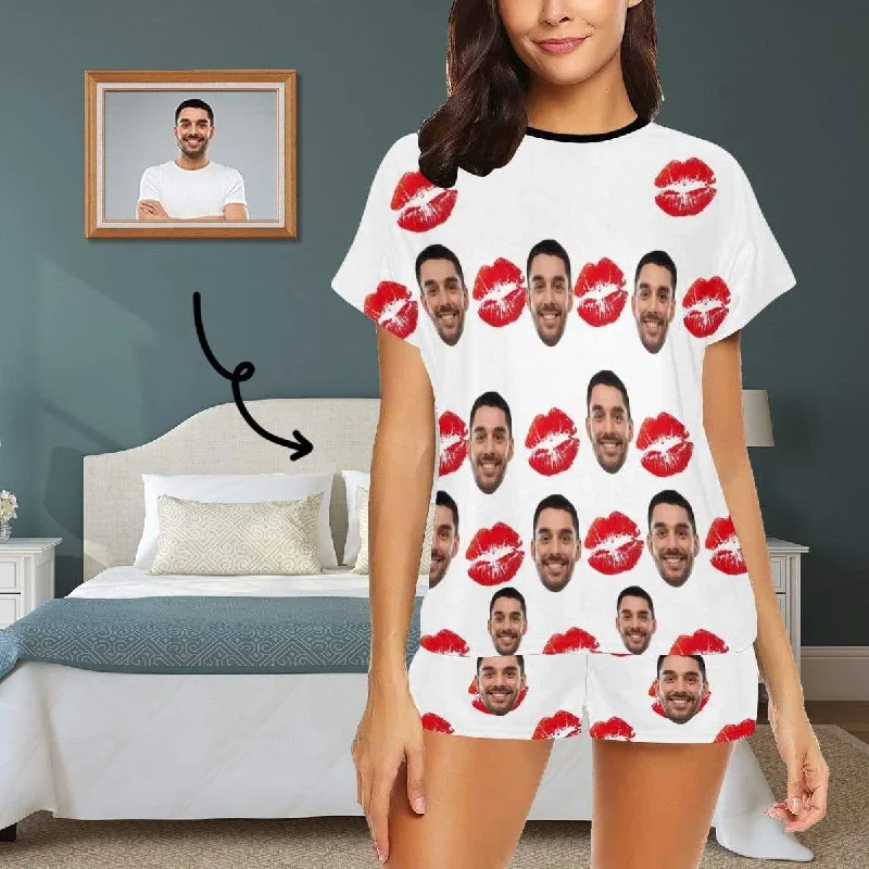 Custom Face Pajamas Red Lips Print Sleepwear Personalized Women's Short Pajama Set For Her Breathable cotton pajama sets