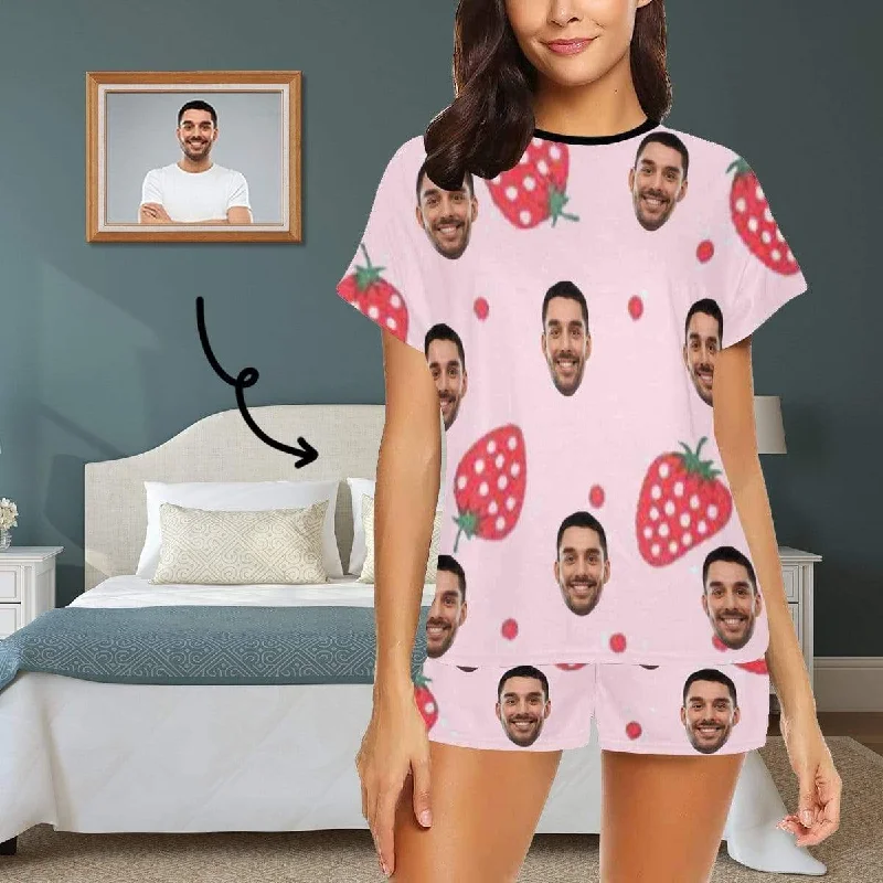 Custom Face Pajamas Strawberry Sleepwear Personalized Pink Women's Short Pajama Set Silk pajama sets