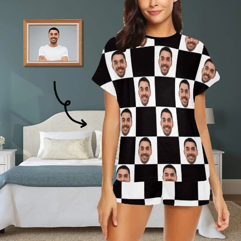 Custom Face Pajamas White&Black Grid Sleepwear Personalised Ladies Short Pajama Set Cooling pajama sets