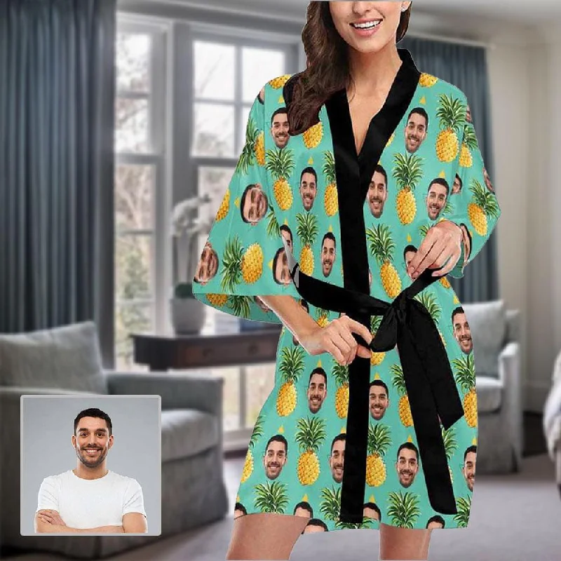 Custom Husband Face Pineapple Women's Summer Short Pajamas Personalized Photo Pajamas Kimono Robe Matching couple pajama sets