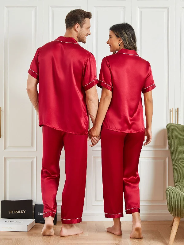 Pure Silk Short Sleeve Couple Pajama Sets Total 4Pcs Jogger pajama sets