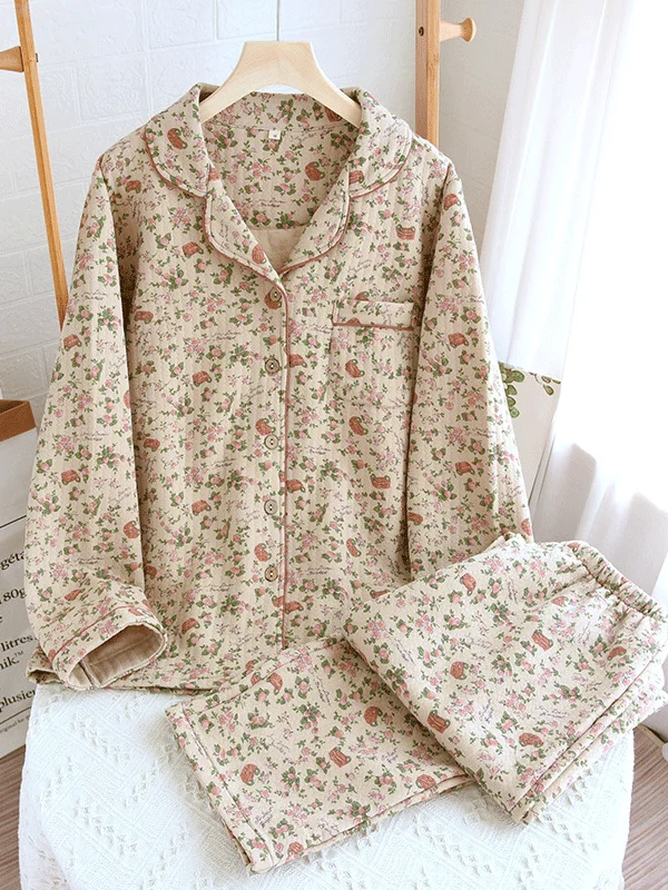 Retro Crepe Cotton Floral Printed Pajama Set Elegant pajama sets