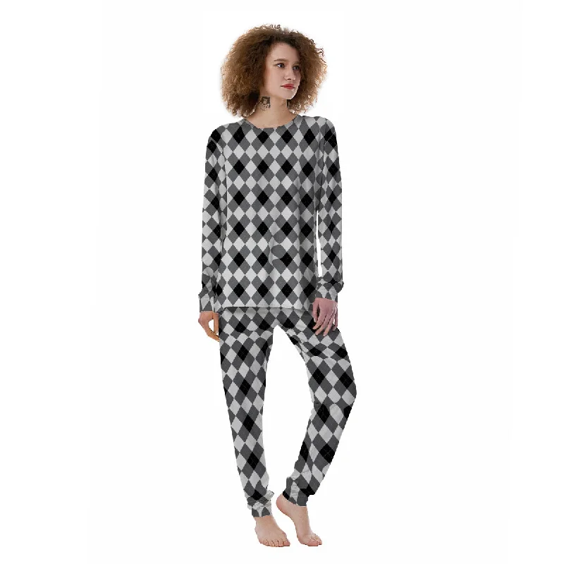 White And Black Argyle Print Pattern Women's Pajamas Short sleeve pajama sets