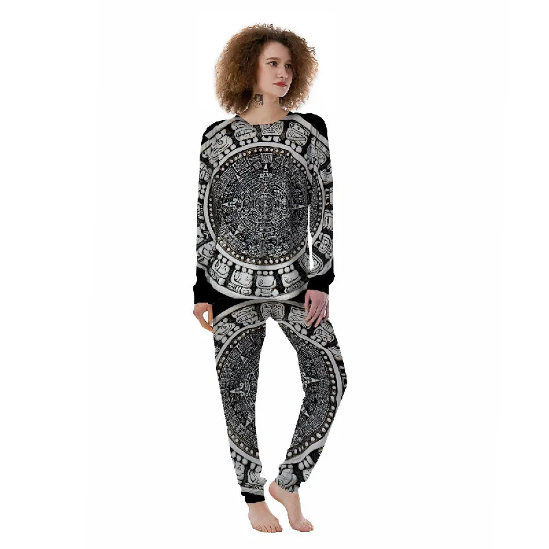 White And Black Maya Calendar Print Women's Pajamas Boho pajama sets