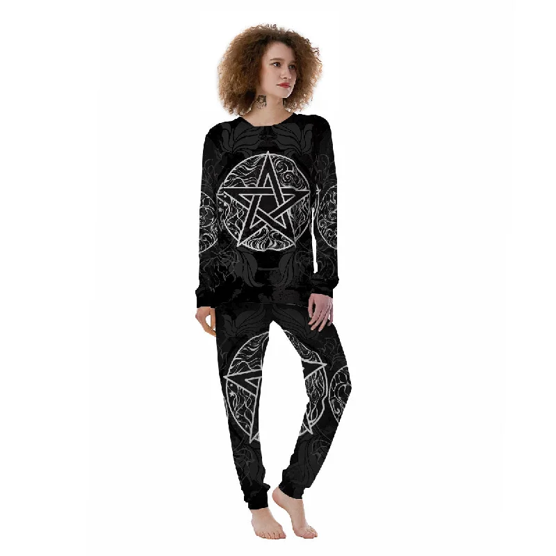 Wicca Pentagram White And Black Print Women's Pajamas Nursing pajama sets