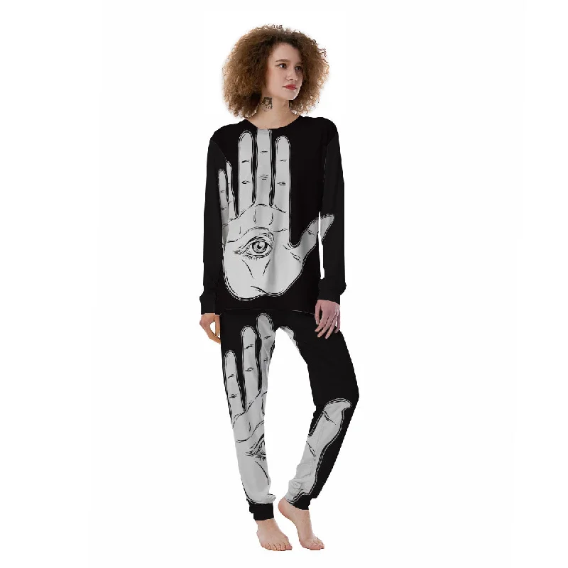 Wiccan Palmistry White And Black Print Women's Pajamas Boho pajama sets