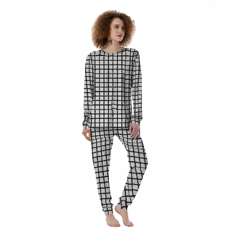 Windowpane White And Black Print Pattern Women's Pajamas Fleece pajama sets