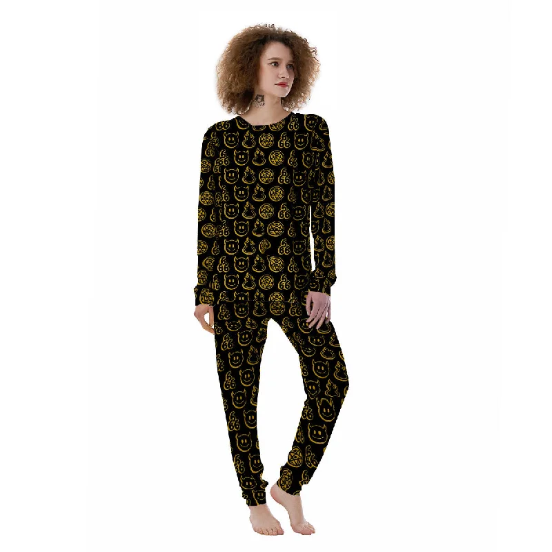 Yellow Demon Smile And Symbol Print Pattern Women's Pajamas Linen pajama sets