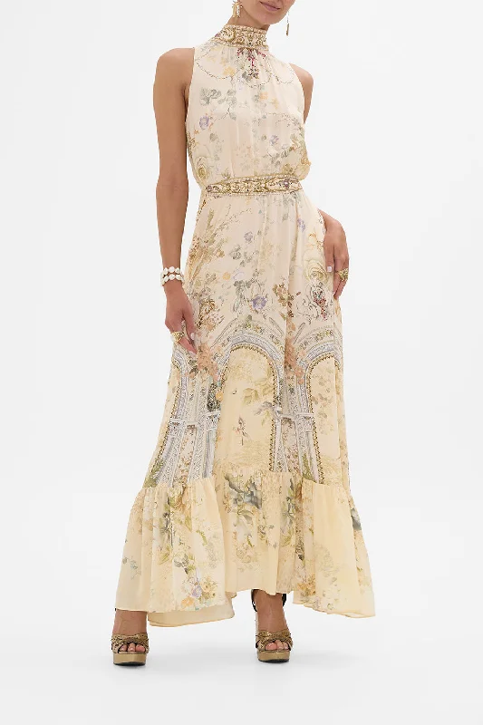 NECKTIE DRESS WITH ELASTICATED WAIST ADORNED IN ANTIQUITY Chic Lace Gown