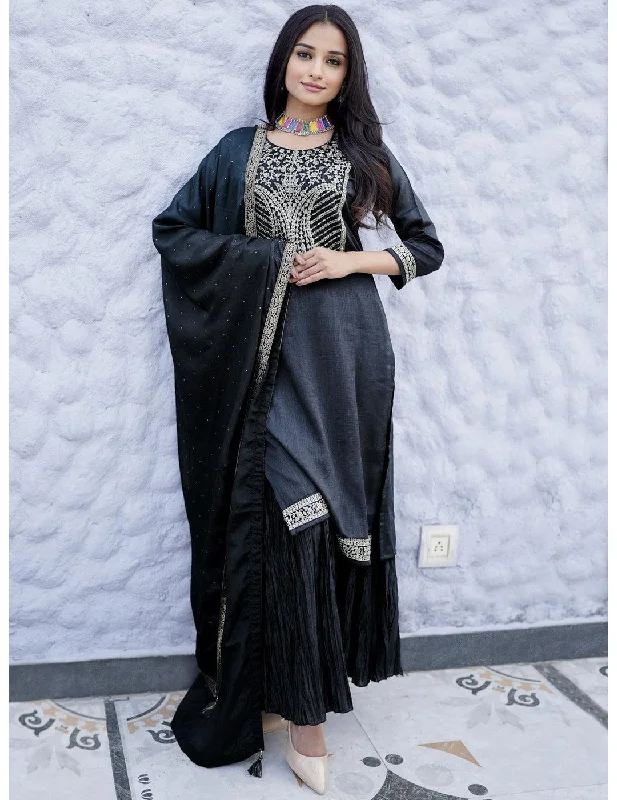 Charcoal Grey Silk Blend  Kurta Set Cozy Lace Robe