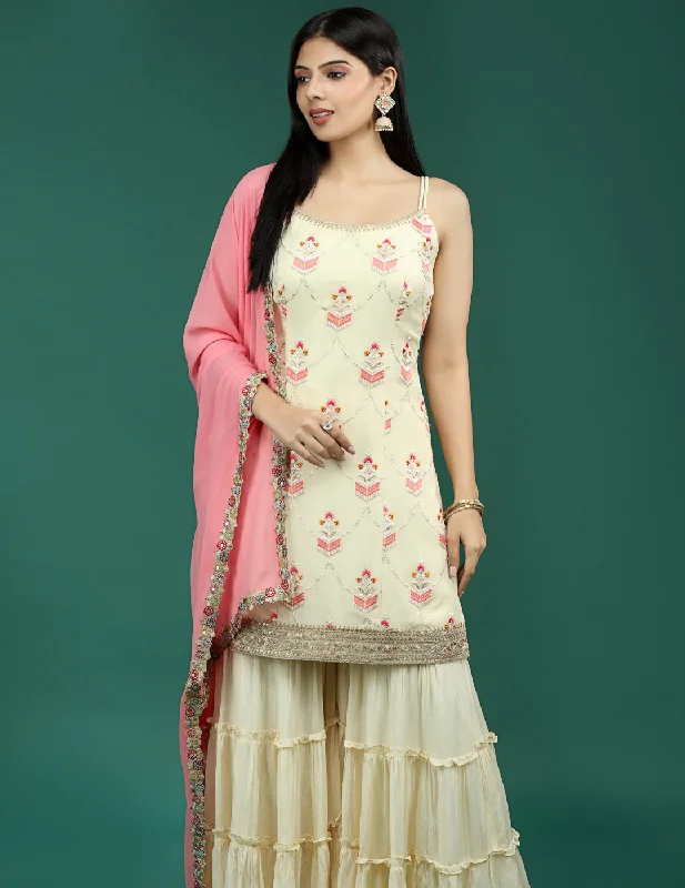 Embroidered Viscose Pakistani Suit in Cream Luxurious Bridal Gown