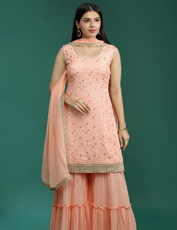 Embroidered Viscose Pakistani Suit in Peach Sleeveless Satin Gown