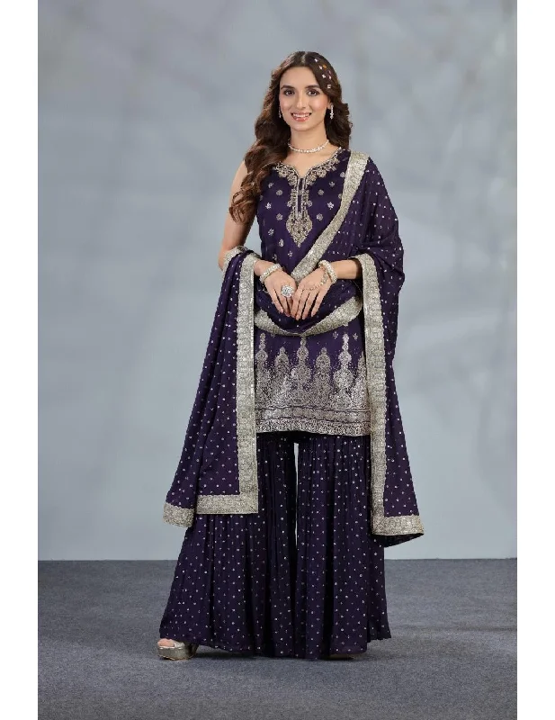 Exclusive Purple Sharara Set Satin Gown Robe