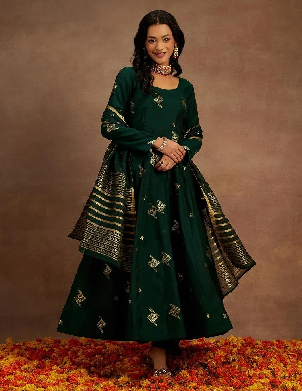 Green Chanderi Silk Anarkali Ensemble Lace Satin Gown