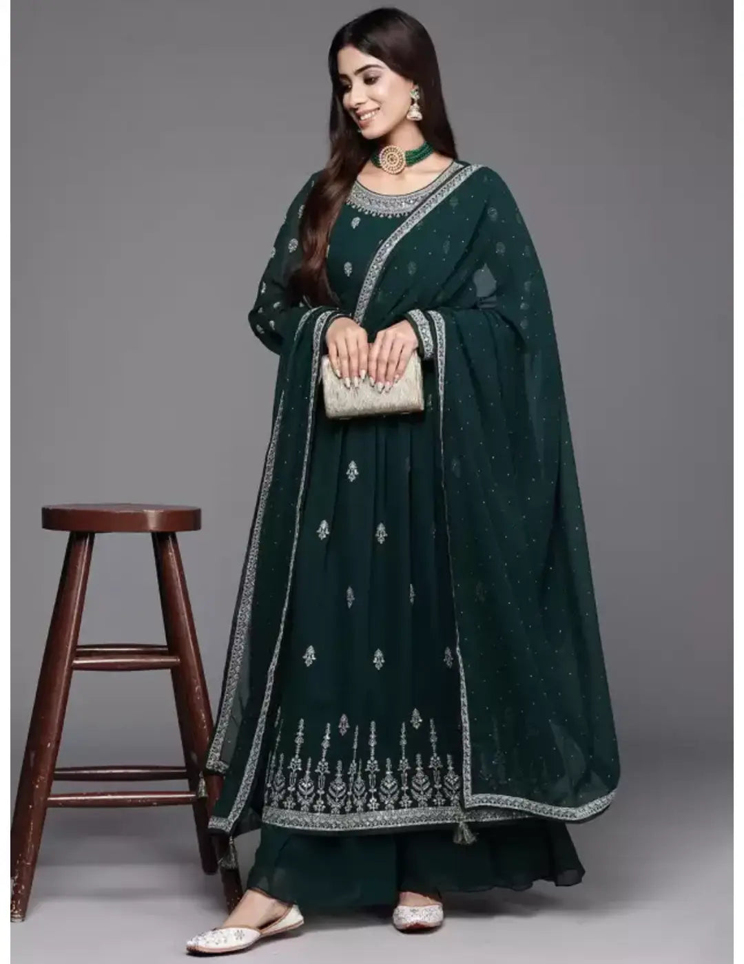 Green Classic Anarkali Set Luxe Satin Gown