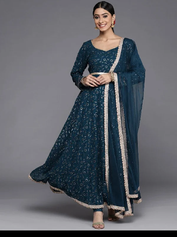 Navy Blue Embroidered Anarkali Set Bridal Satin Set