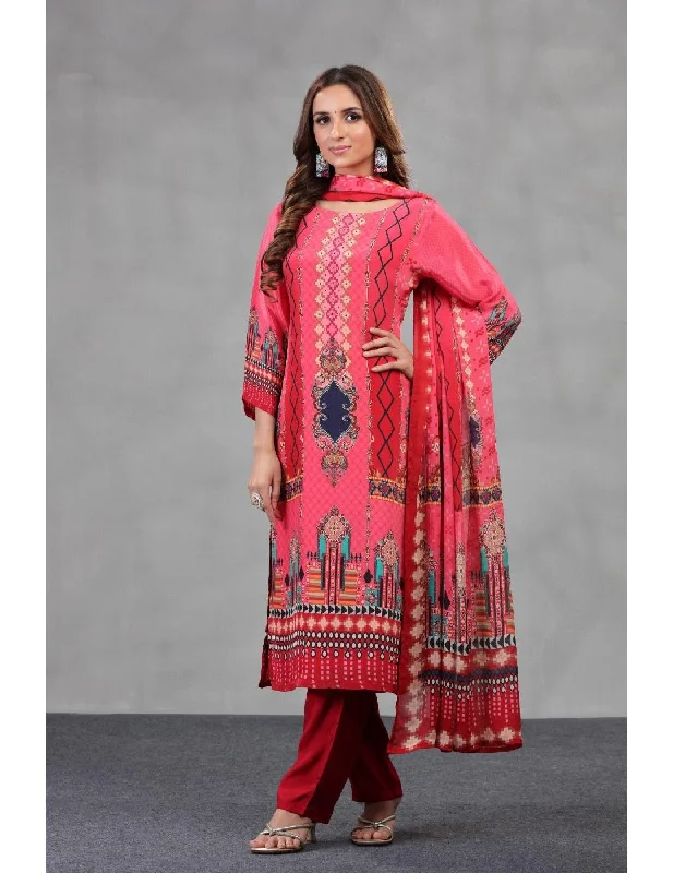 Pink & Red Crepe Designer Suit Cozy Cotton Gown