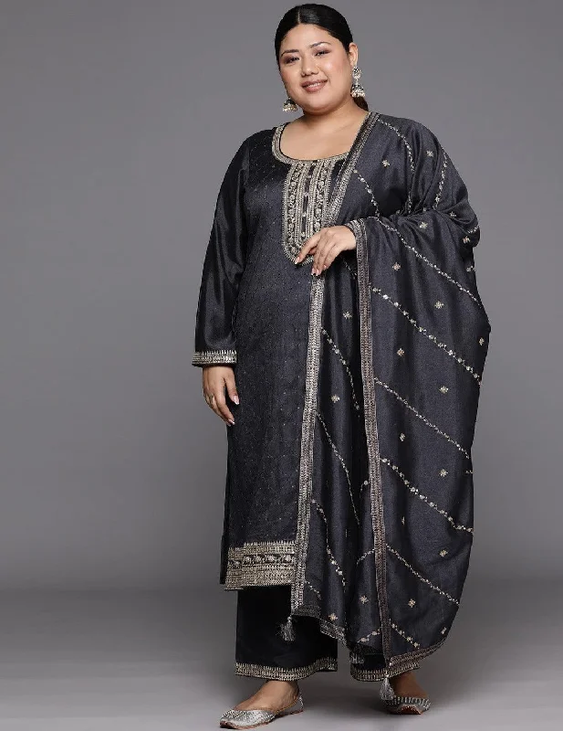 Grey Embroidered Silk Kurta (Set of 3) Luxe Robe Set