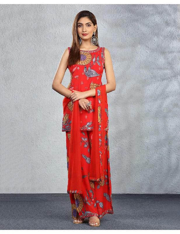 Red Floral Sharara Set Luxury Kimono Robe