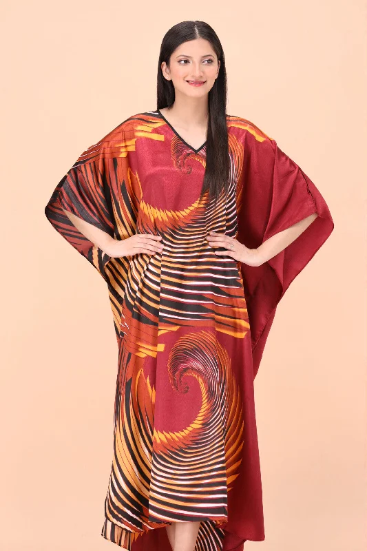 Red Wave Texture Printed Silk Kaftan Dress Cozy Winter Robe