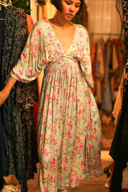 SILK DRESS PINA CREAM FLORAL Elegant Robe Gown