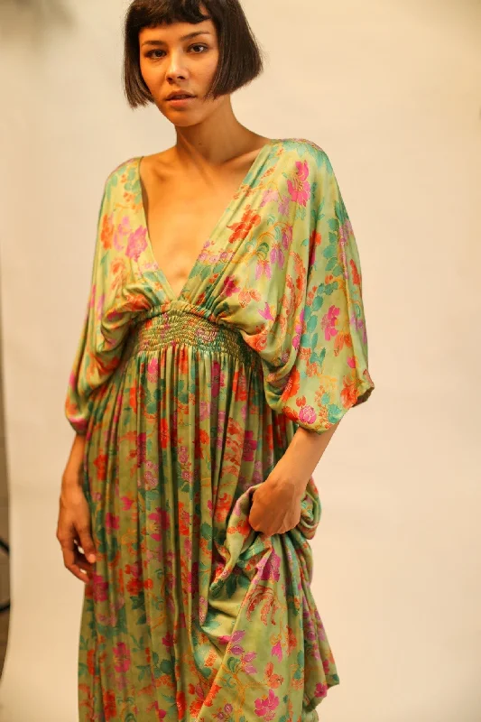 SILk DRESS PINA GREEN FLORAL Night Gown Robe