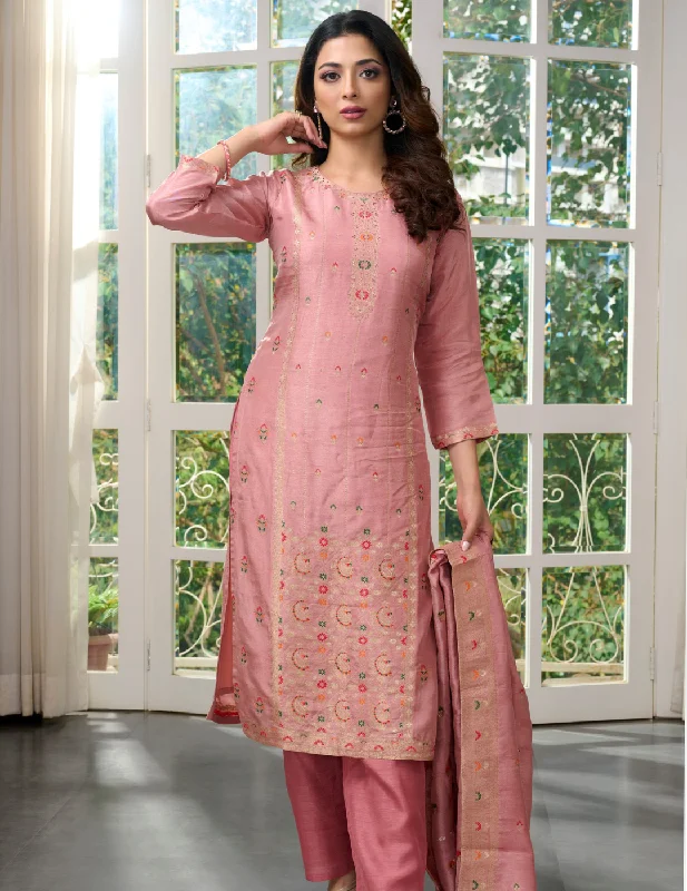 Woven Art Silk Jacquard Pakistani Suit in Pink Satin Kimono Gown