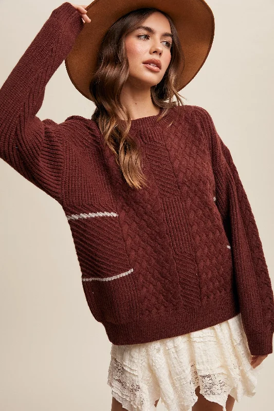 Brown Striped Mixed Cable Knit Sweater Zip-up sweaters