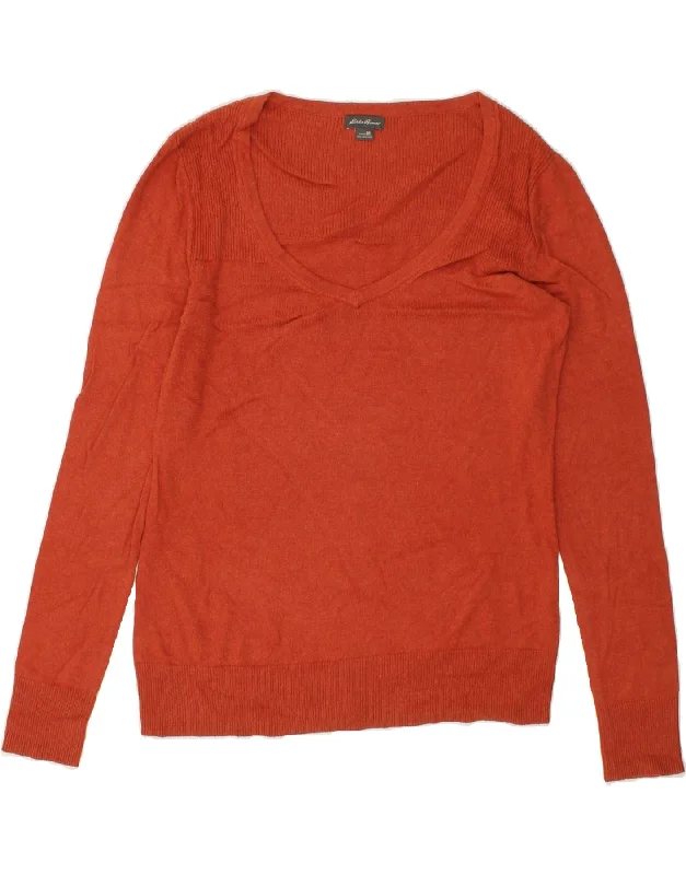 EDDIE BAUER Womens V-Neck Jumper Sweater UK 14 Medium Orange Cotton Discounted sweaters