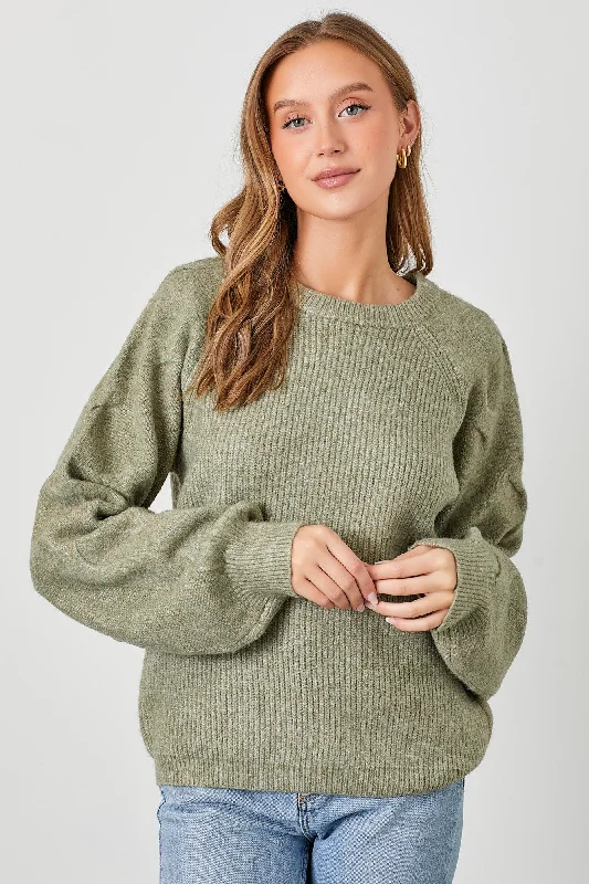 Light Olive Speckled Knit Contrast Sleeve Sweater Lightweight sweaters for spring