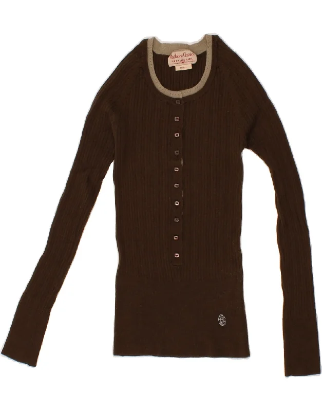 MARLBORO CLASSICS Womens Crew Neck Jumper Sweater UK 8 Small Brown Wool Cardigan sweaters