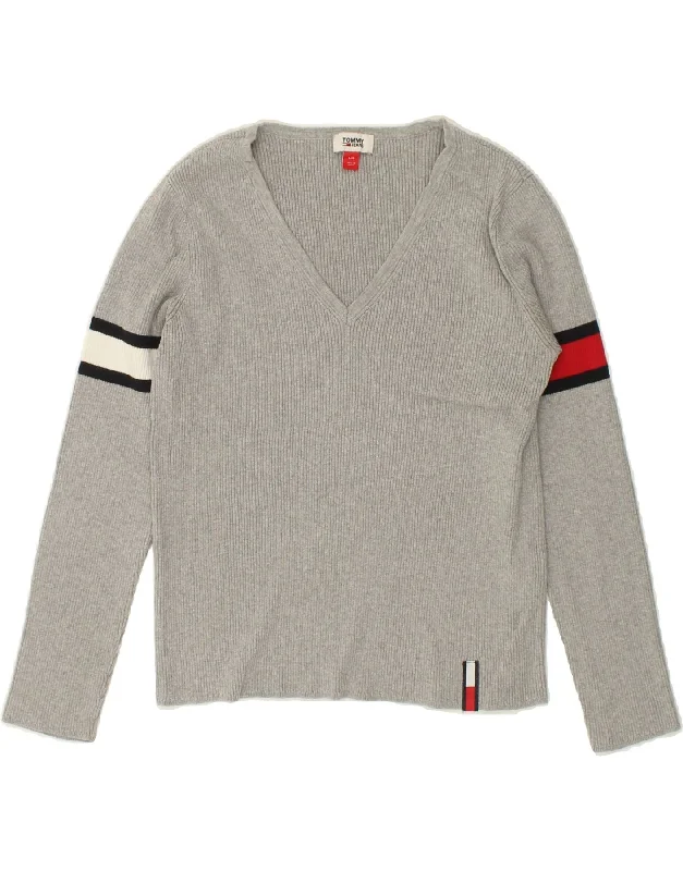 TOMMY HILFIGER Womens V-Neck Jumper Sweater UK 14 Large Grey Colourblock Women's fashion sweaters sale