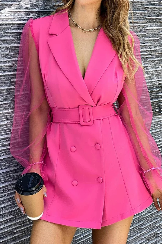 Mesh Sleeves Blazer Dress with Double-breasted Belt Versatile mini dresses for all occasions