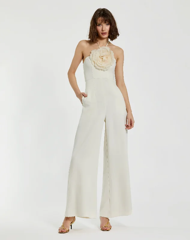 Crepe Halter Neck Jumpsuit With Flower Romantic Lace Dress