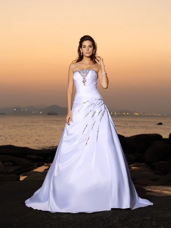 A-Line/Princess Strapless Beading Sleeveless Long Satin Beach Wedding Dresses TPP0006291 Empire Waist Gown