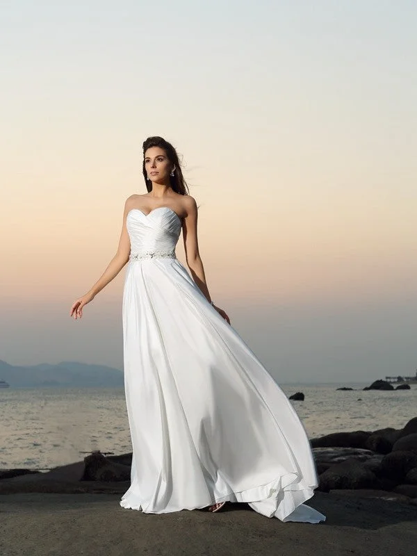 A-Line/Princess Sweetheart Beading Sleeveless Long Taffeta Beach Wedding Dresses TPP0006243 Lace V-neck Dress