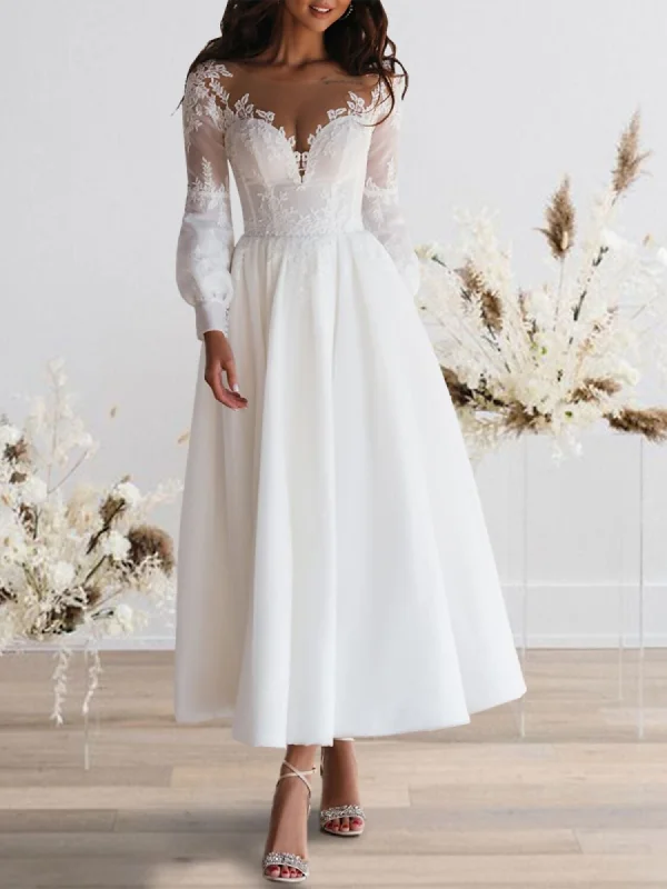 A-Line/Princess Sweetheart Long Sleeves Ankle Length Lace Wedding Dress Full Length Gown