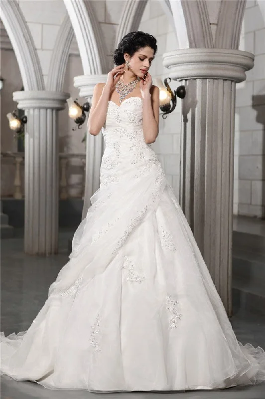 A-Line/Princess Sweetheart Sleeveless Beading Applique Long Organza Wedding Dresses Modern Lace Gown