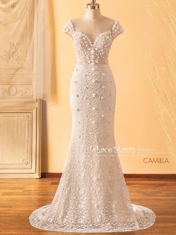 CAMILLA / Charming Lace Wedding Dress with Cap Sleeves Strapless Lace Dress