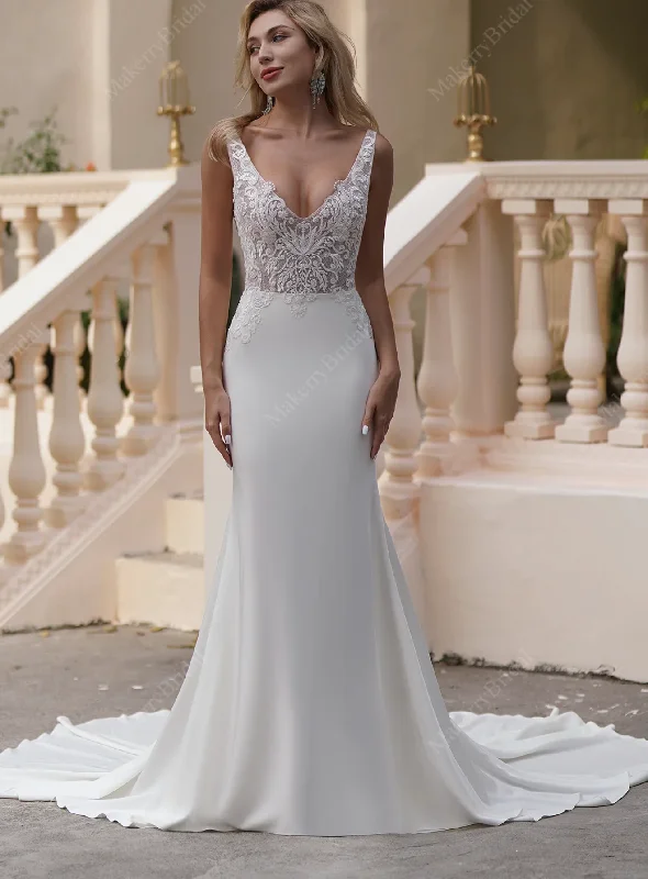 Elegant Beaded Lace Satin Mermaid Wedding Dress Classic Lace Gown