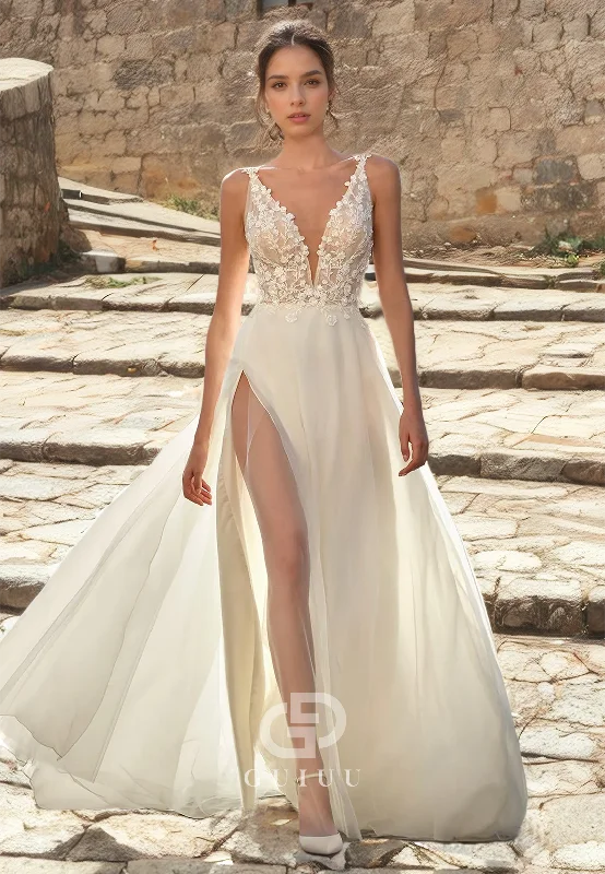 A-Line Wedding Dress Open Back V-Neck with High Side Slit and Lace Appliques Vintage Lace Dress