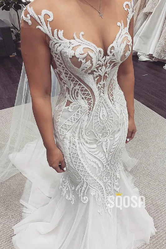 Unique Cap Sleeves Luxury Lace Appliques Mermaid Wedding Dress QW2491 Satin Lace Gown