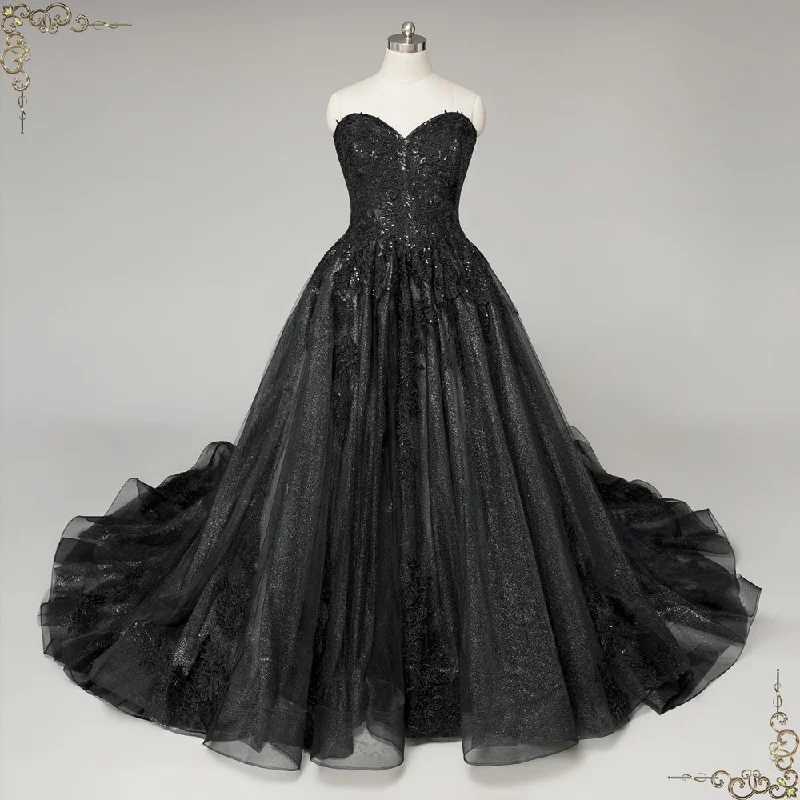 Extravagant Black Lace Ball Gown Wedding Dress | Mavis Sheer Wedding Dress