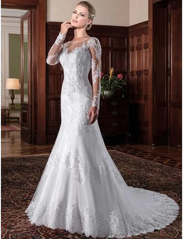 Mermaid Wedding Dresses Illusion Back Long Sleeve Beads O Neck Full Skirt Wedding